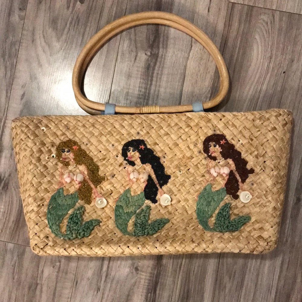 Hype Woven Straw Tote with Embroidered Mermaids - Natural, Green, Black, Brown